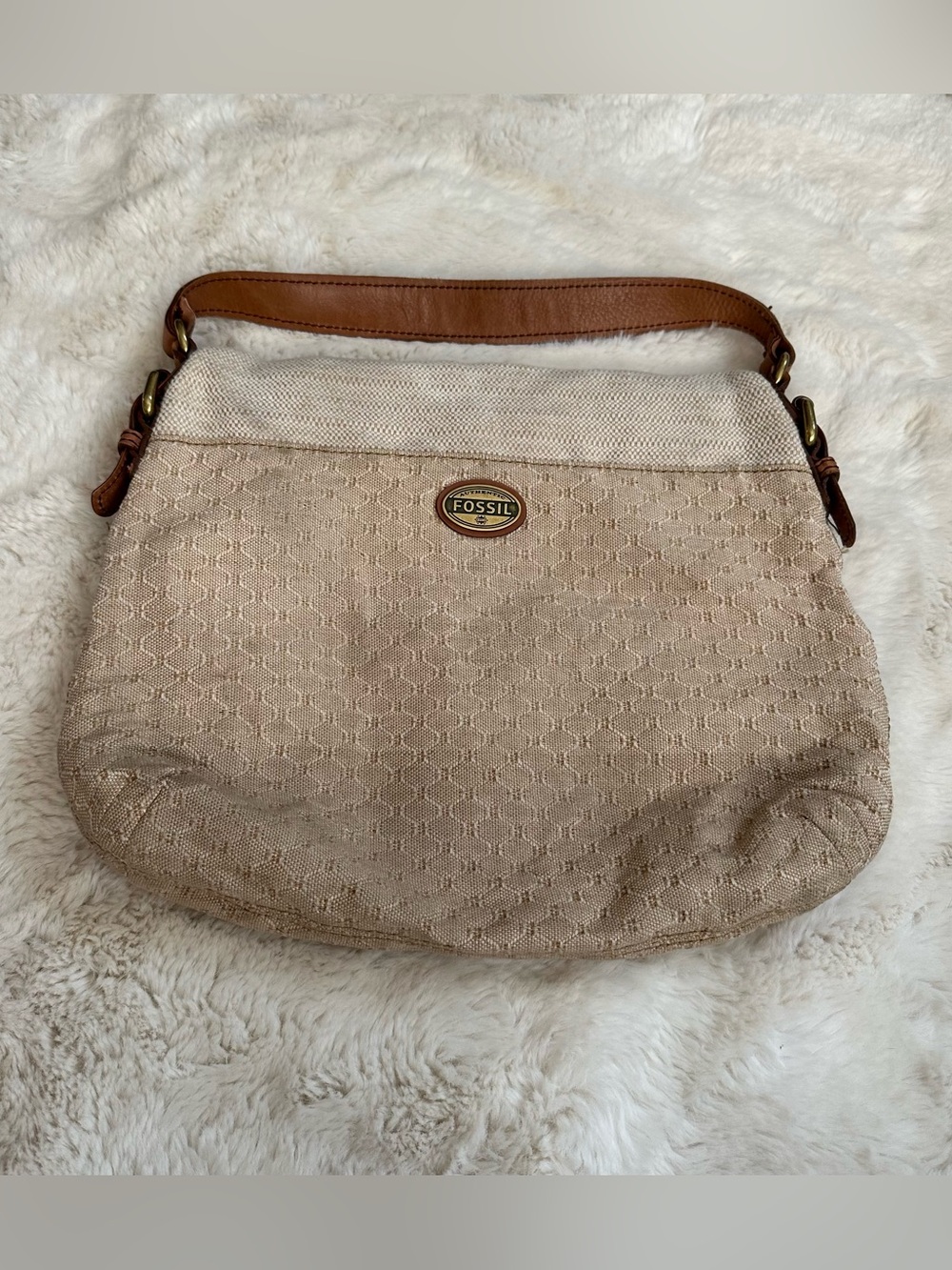Fossil Beige & Brown Canvas Shoulder Bag